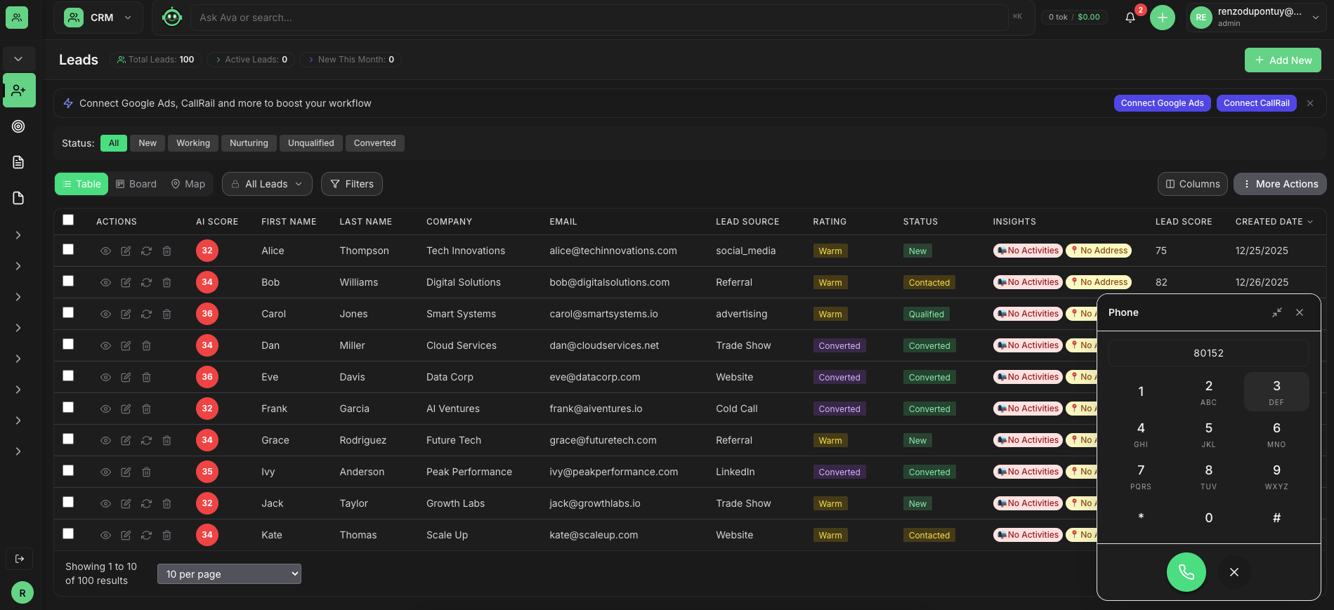 Ava CRM — Leads with AI Scoring